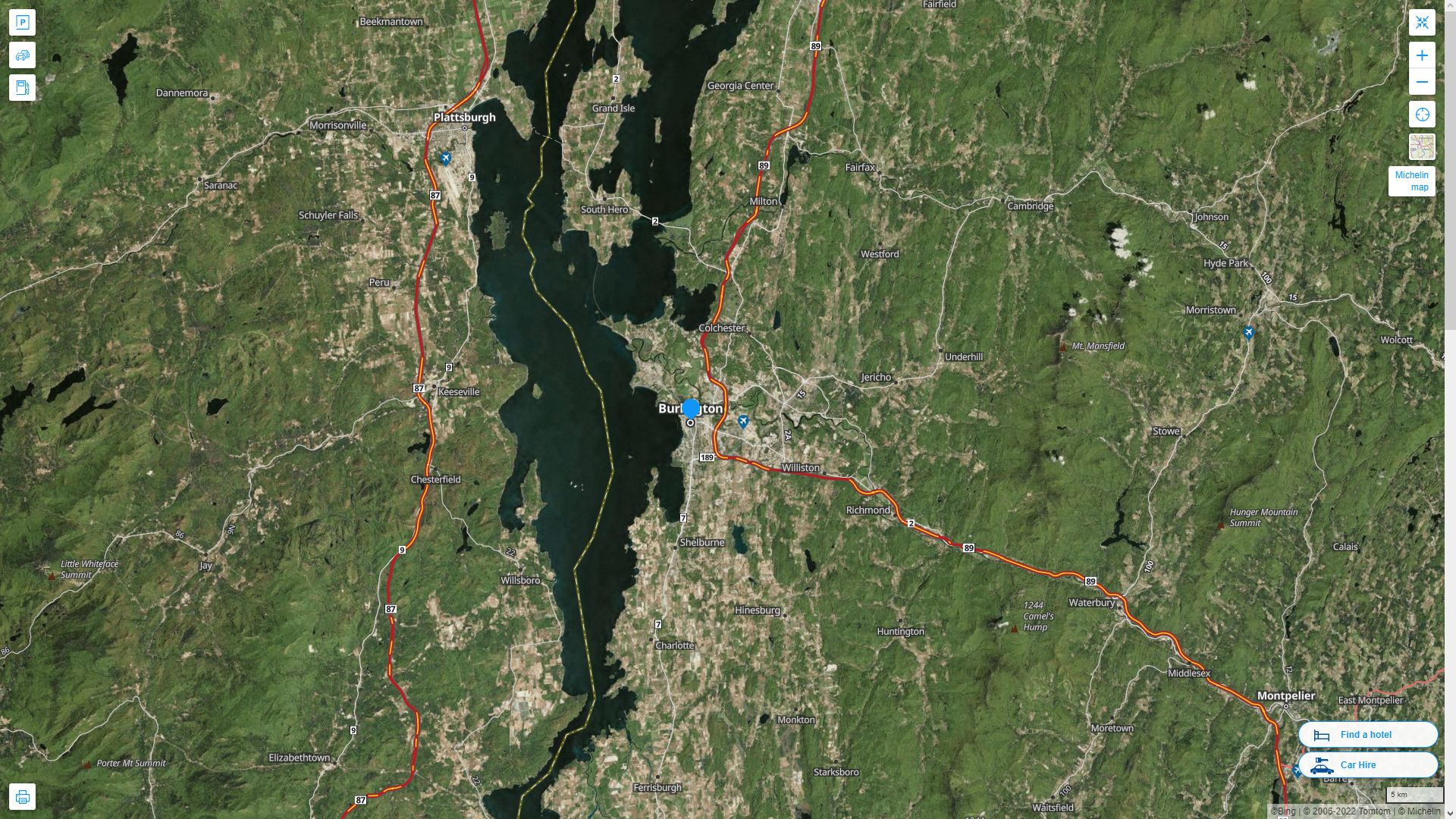 Burlington Vermont Highway and Road Map with Satellite View